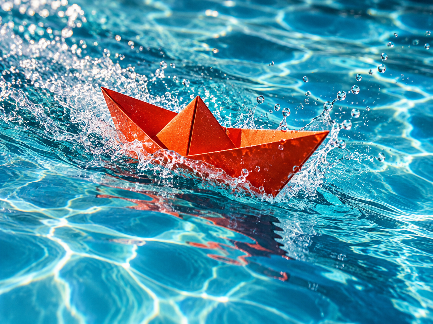 Vermilion paper boat making a bright splash in blue water